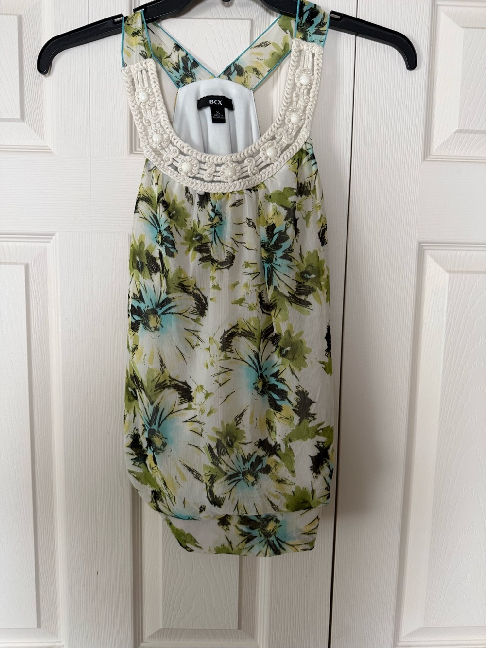 BCX White Floral Halter Tank with Beaded Neckline